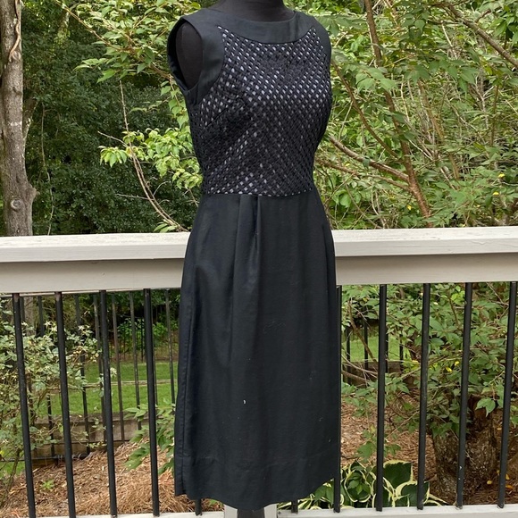 Vintage 50s 60s Metal Zipper Basket Weave Lattice Bodice Wiggle Mad Men Dress - Picture 2 of 7